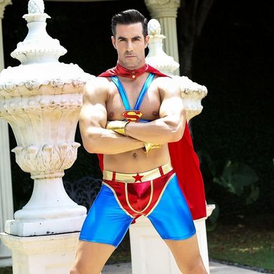 Мужской эротический костюм супермена "Готовый на всё Стив" One Size: плащ, портупея, шорты, манжеты